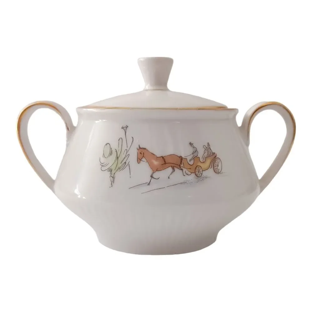 Bareuther Germany Porcelain Sugar Bowl Horse Carriage Street Scene‎ 8010 Vintage